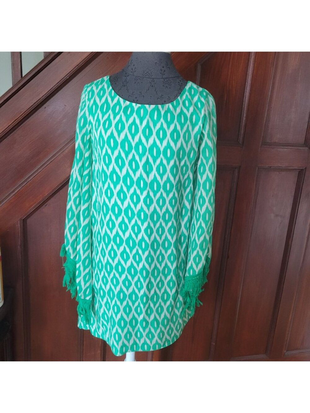 C. Luce Womens Green Patterned Tunic Top With Fringe Sleeves - Size S